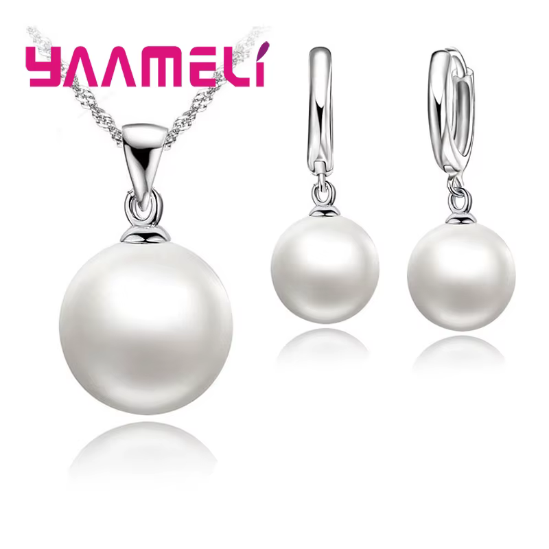 Ensembles de bijoux de mariage lisses pour femmes, collier de perles en argent regardé 925, boucles 