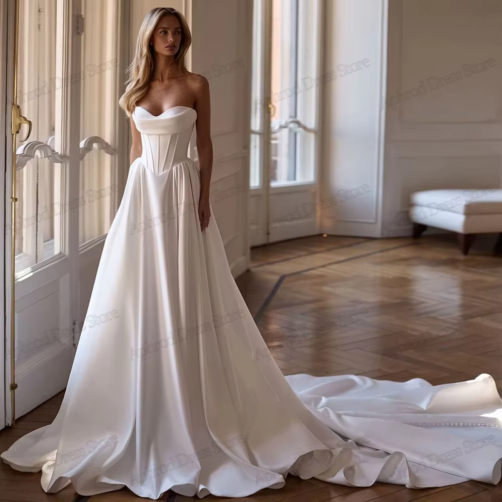 Robes De mariée gracieuses simples en Satin, Sexy, sans bretelles, dos nu, fente haute, personnalisé