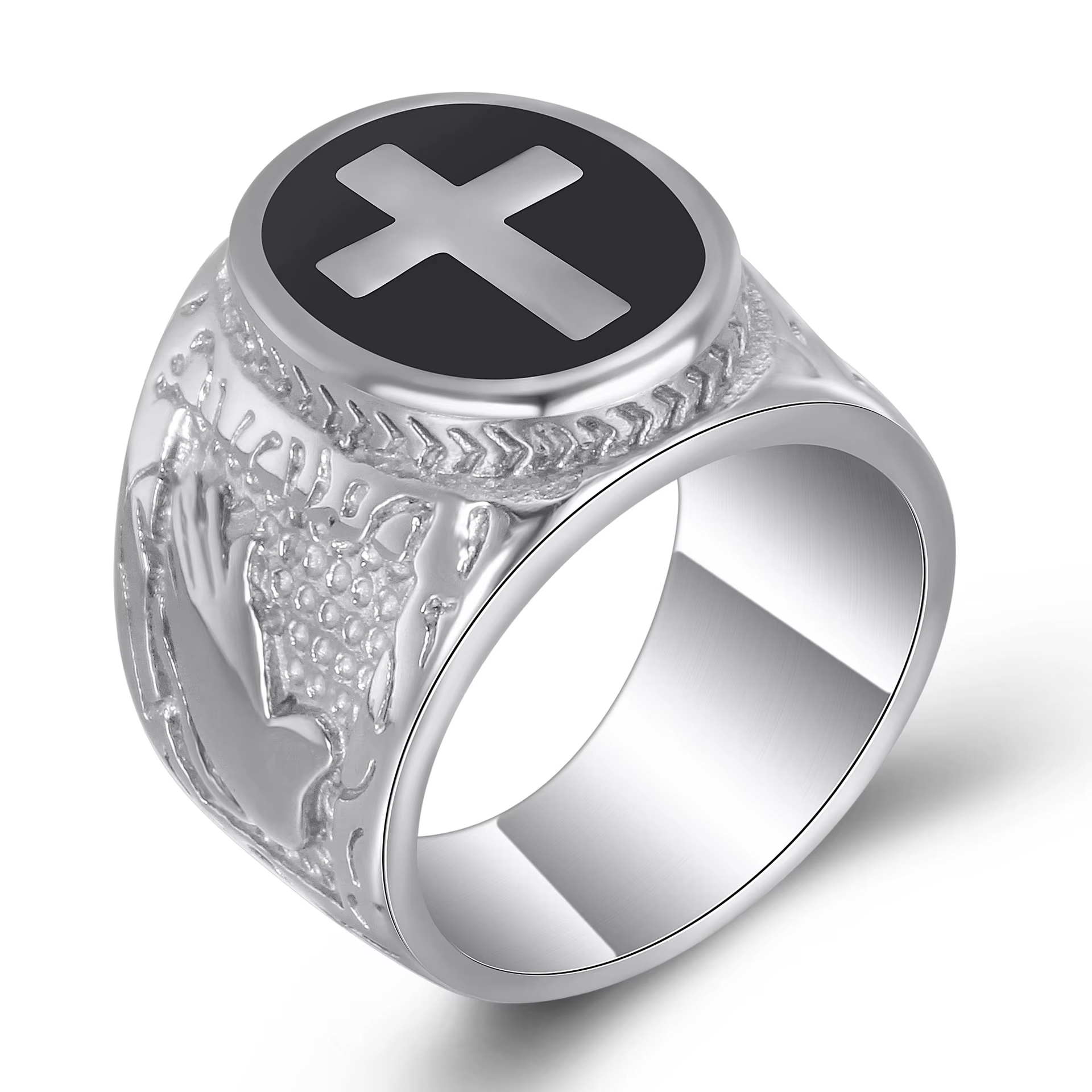 Bague Croix Chrétienne Homme en Acier Inoxydable, Bague Chevalière Vintage avec Mains en Prière, Bij