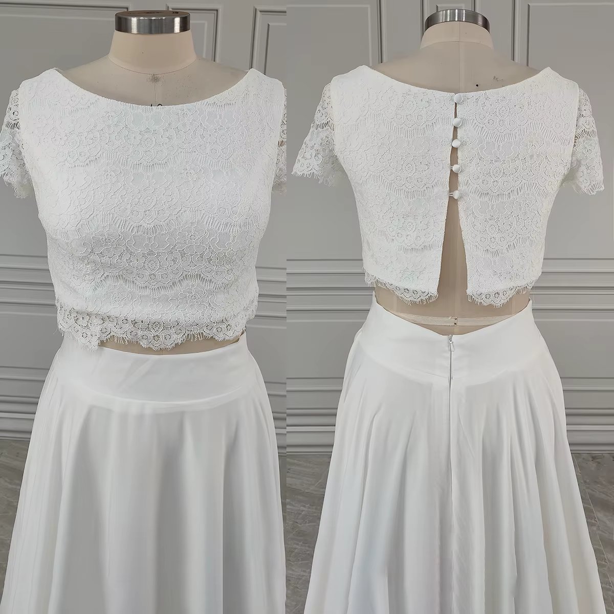 Robe de Mariée Deux Pièces en Dentelle Personnalisée, Style Boho, Haut Court, Princesse, lèvent Scoo