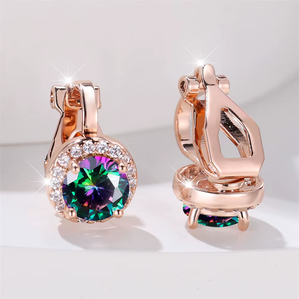 Boucles d'oreilles à Clip en pierre ronde en cristal arc-en-ciel mystique pour femmes, couleur or Ro