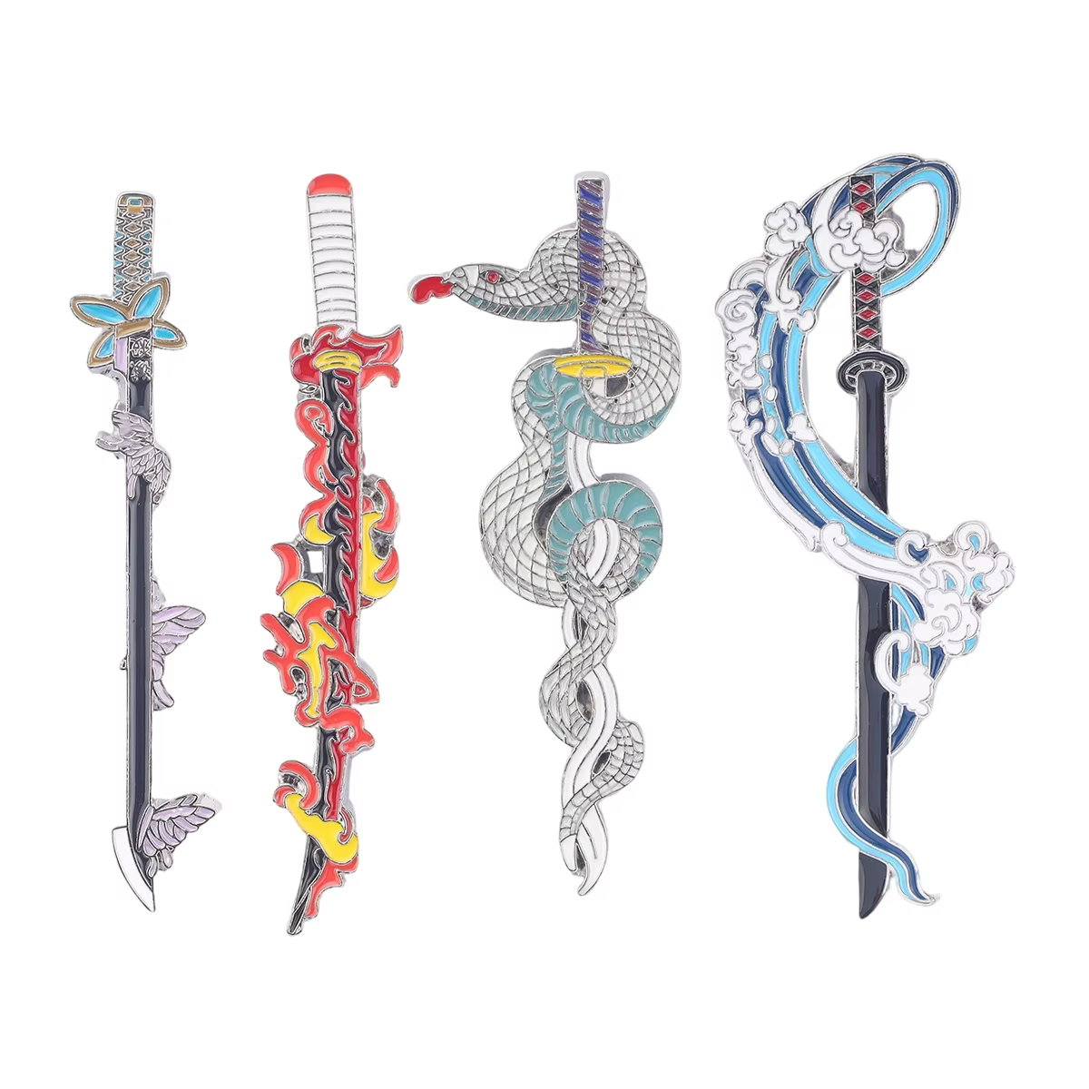 Lot de 4 broches émaillées en forme d'épée de samouraï de dessin animé, mini badge en métal Kamado T