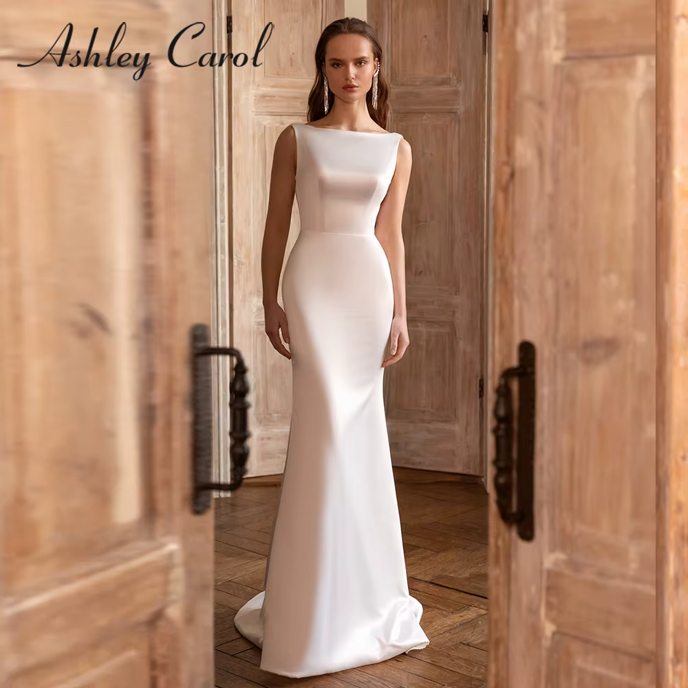 Ashley Carol-Robe de Mariée Sirène Sexy en Satin, Col Bateau, Dos aux, Simple, Éducative