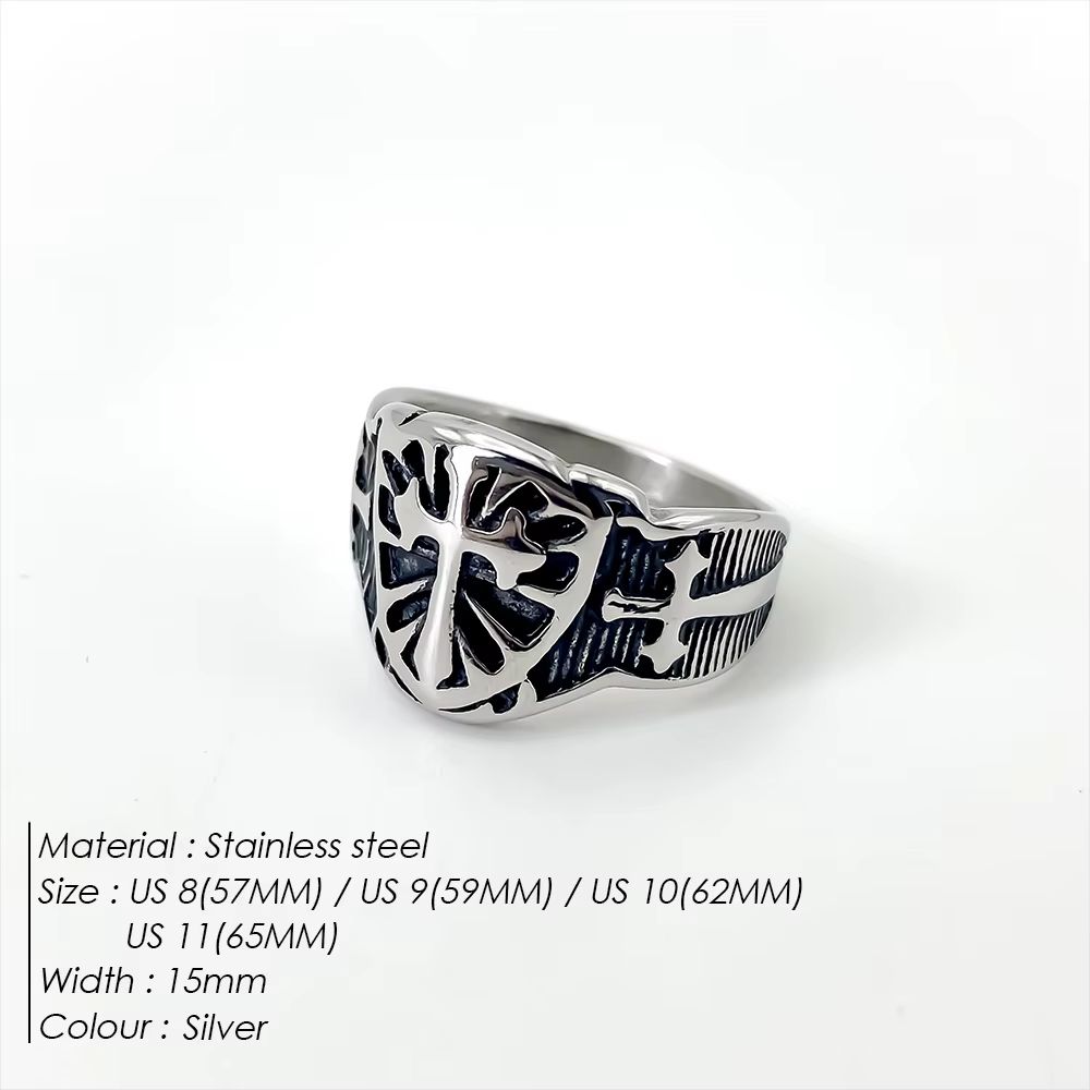 Bague Bouclier des Templiers pour Hommes — Bague Large en Acier Inoxydable Style Punk Distinctif — B