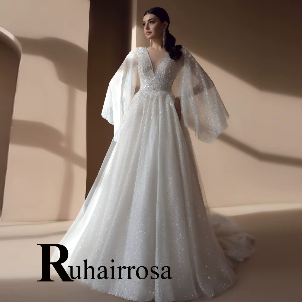 Ruhair robes De mariée modernes dos nu manches évasées Appliques col en v Tulle a-ligne plissée Robe