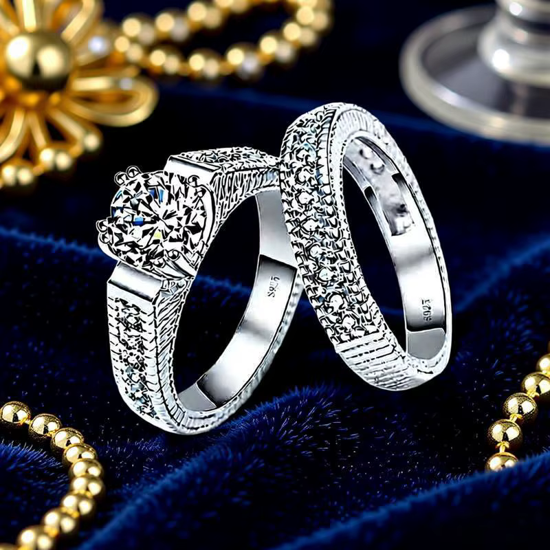 1 paire de bagues de Couple en argent Sterling 925 scintillant, Zircon cubique complet, pour femmes 