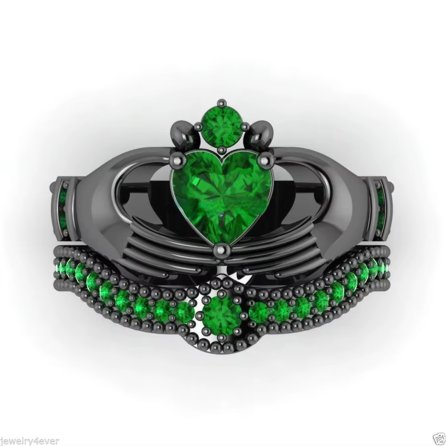 Bague classique de laboratoire émeraude Claddagh, ensemble de bagues de mariage en or blanc pour fem