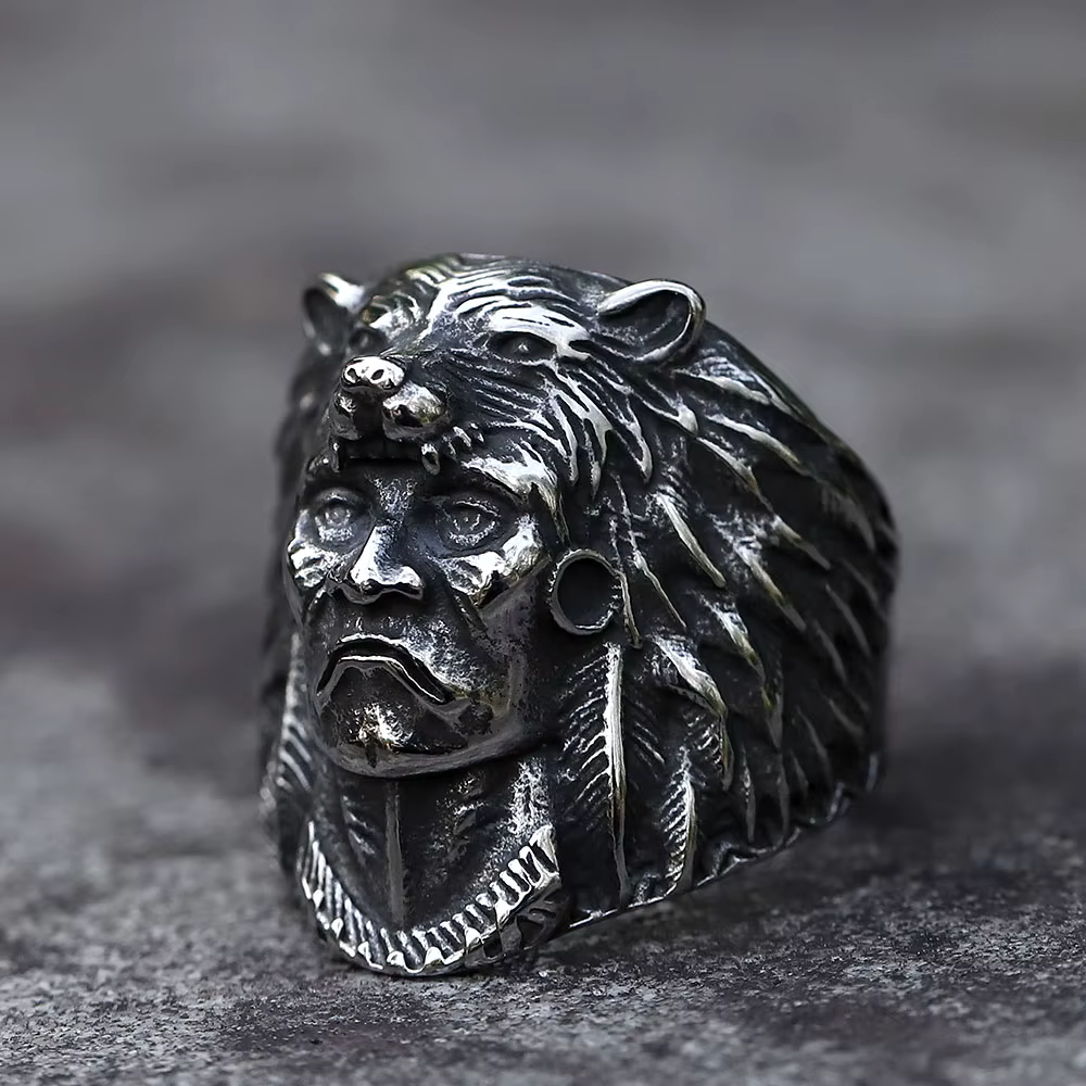 Bague en acier inoxydable SION L pour homme, vintage, motard indien Kokor avec loup, anneau animal, 