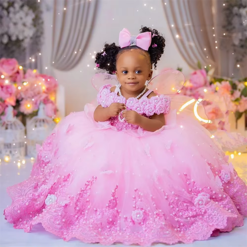 Robes à fleurs roses pour filles, robe de bal de luxe en dentelle avec grosses perles, robe de premi