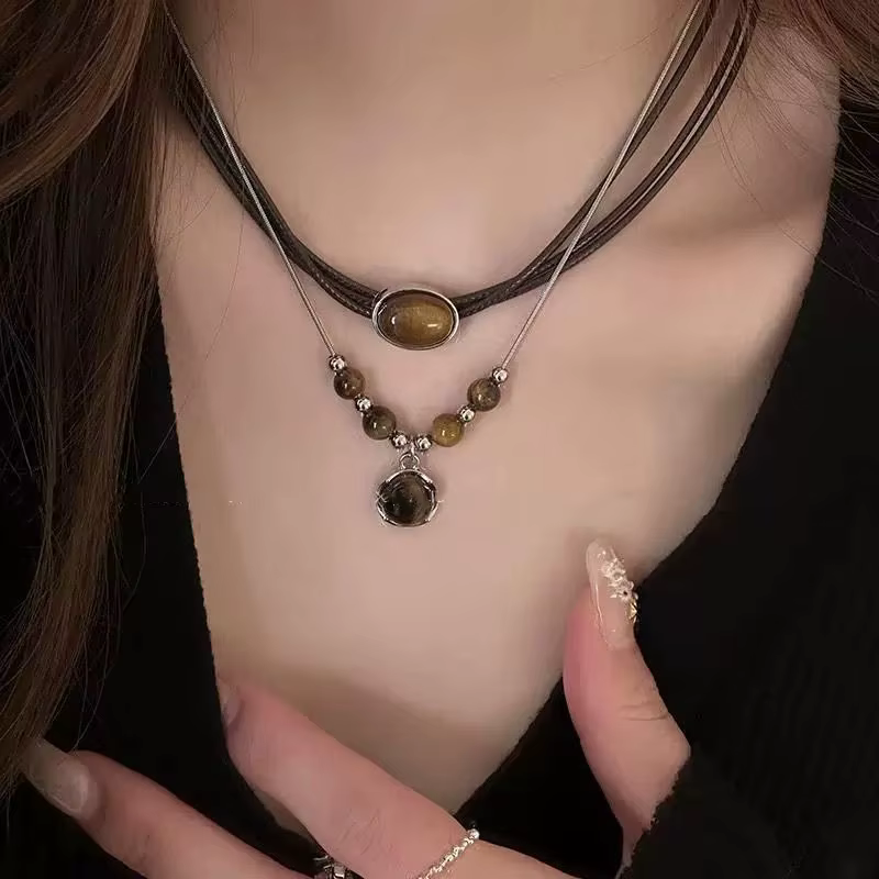 Colliers en pierre naturelle d'oeil de tigre pour hommes et femmes, perles naturelles tissées, doubl