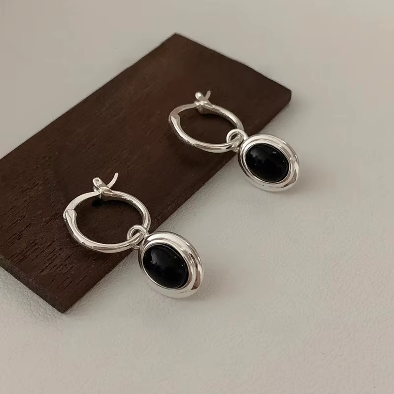 Boucles d'oreilles en argent Sterling 925 pour femmes, boucles d'oreilles en Agate noire, bijoux ron