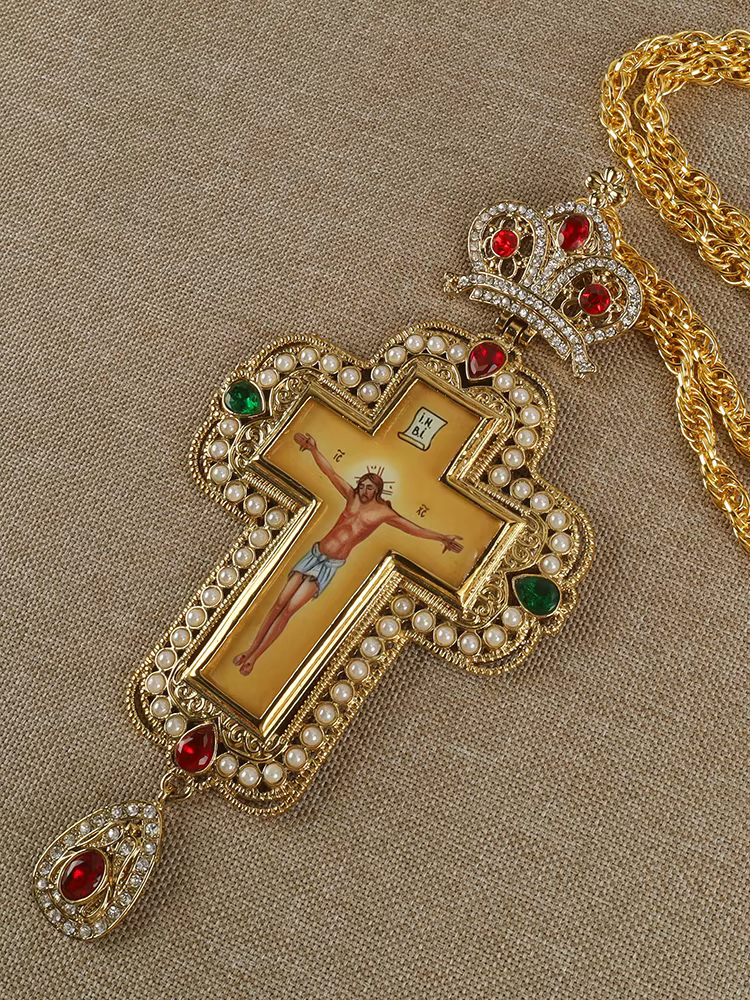 Collier long byzantin catholique avec crucifix, pendentifs croix pectorale, bijoux grecs en perles,