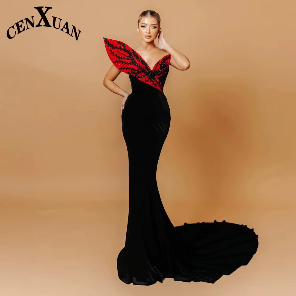 CENXUAN glamour sirène formelle Robes De bal femmes avec strass sans manches col en v Court Train Ro
