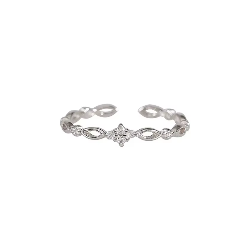 Bague ajustable en argent avec zircon géométrique trèfle à quatre feuilles pour femme, bijoux de mod