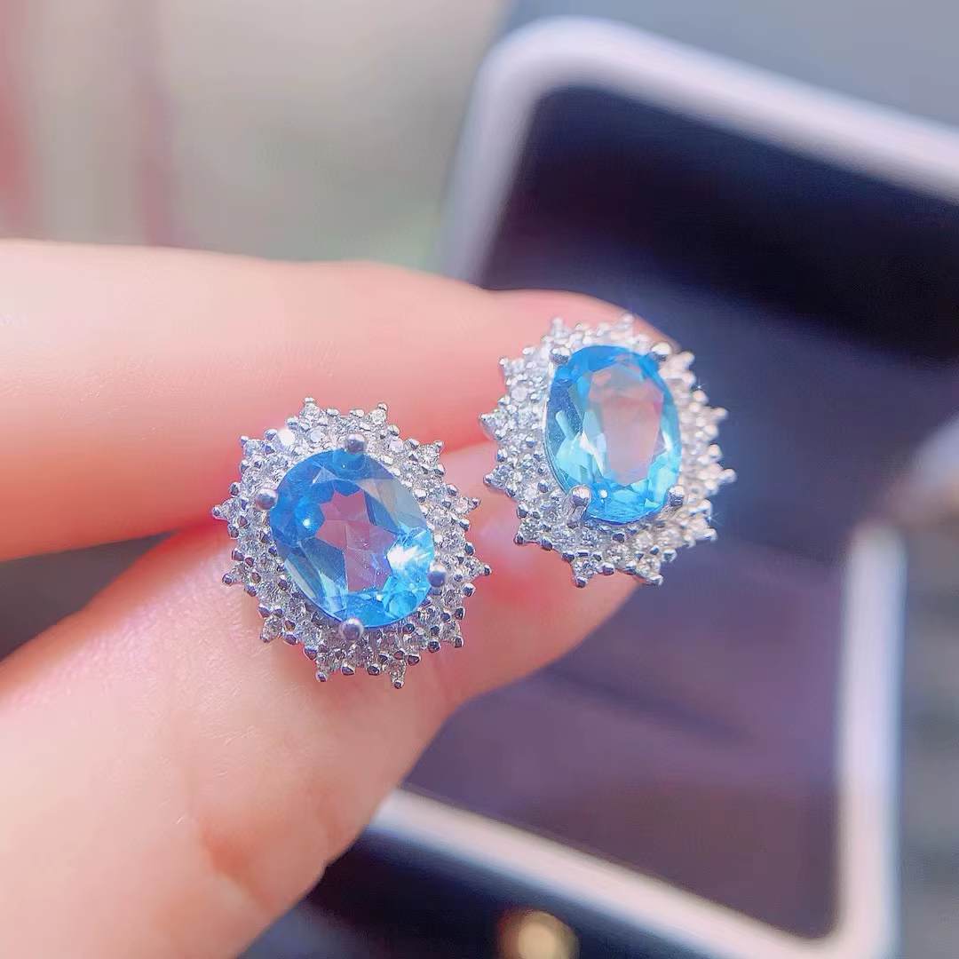 Boucles d'oreilles en topaze bleue claire pure, bijoux en argent 925, plaqué or 18 carats, sans alle