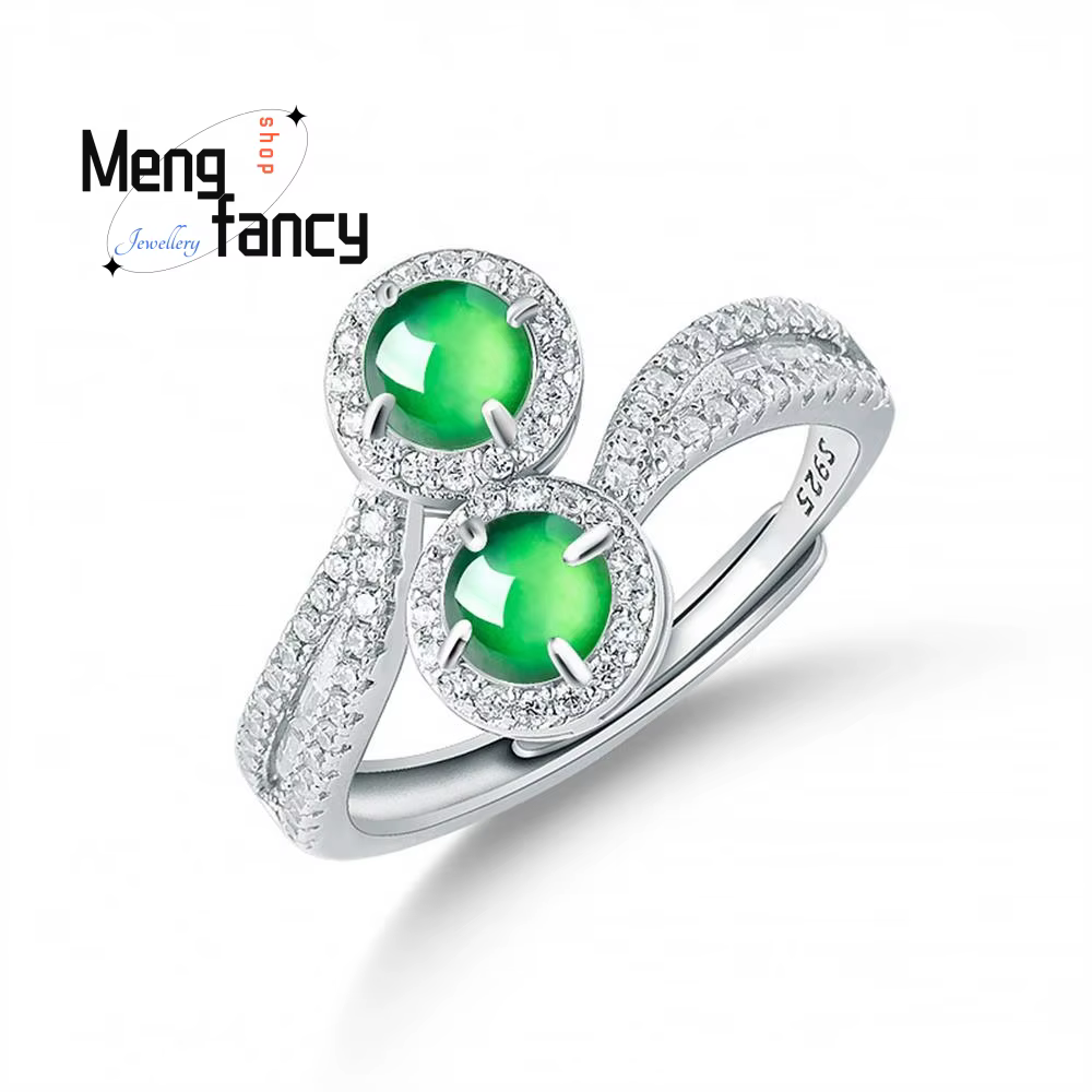 Bague en Jade vert naturel A-goods, jadéite Yang, Double Surface d'œuf, incrustée d'argent S925, bij
