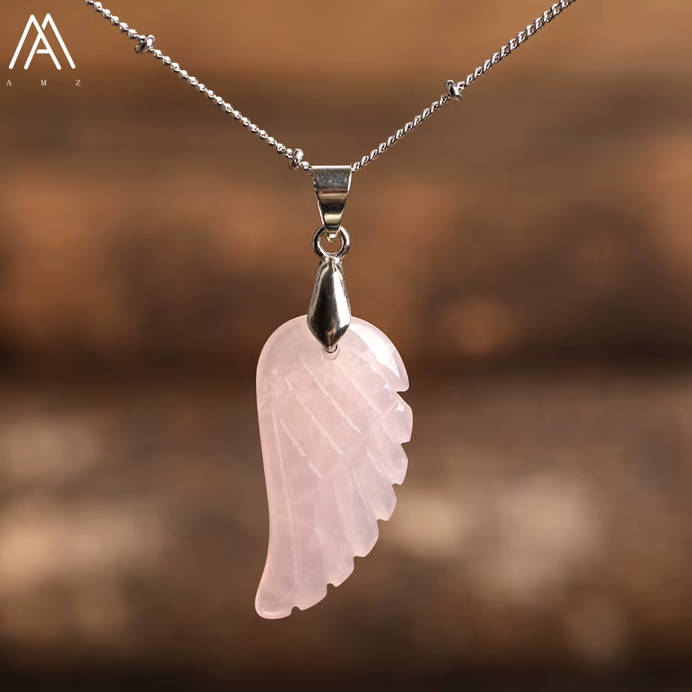 Collier Aile d'Ange Pendentif en Pierre Naturelle Cristal de Quartz Rose Chaîne en Argent Bijoux de