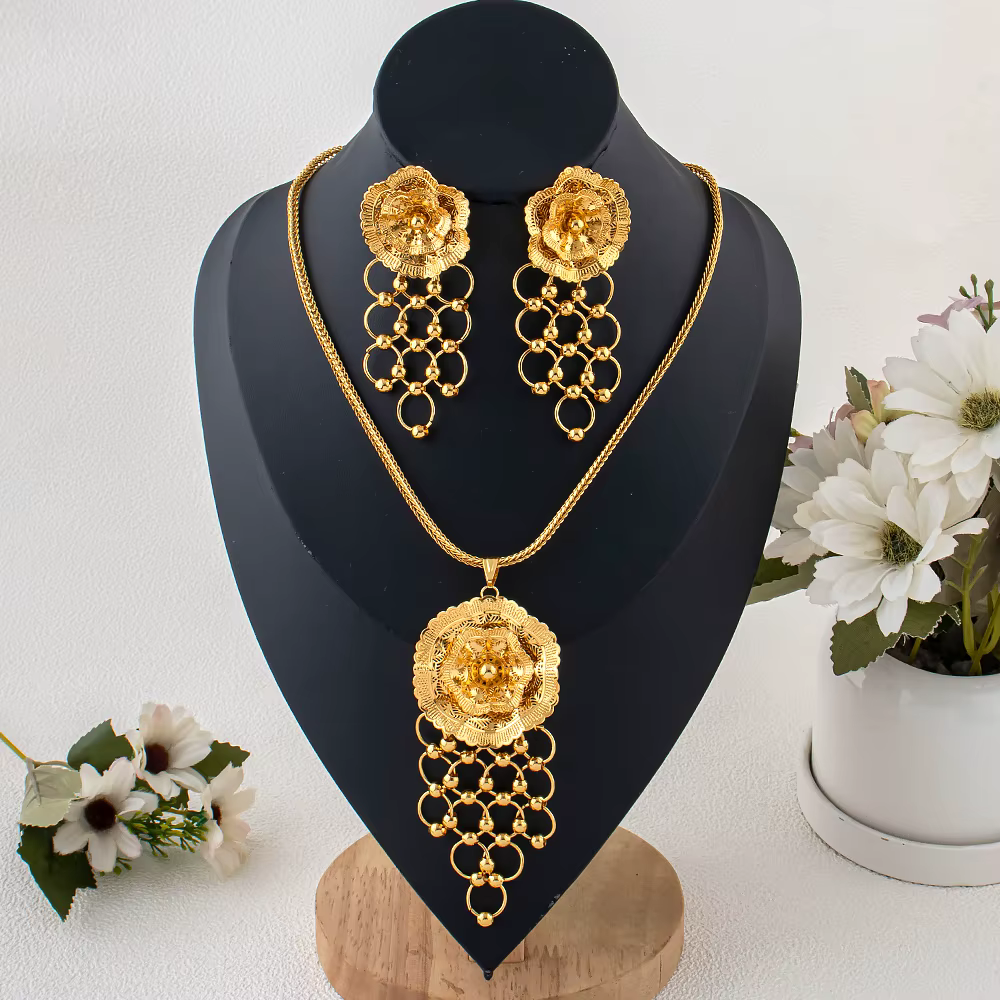 Bijoux en acier inoxydable pour femme, bijoux en or 24 carats de Dubaï, ensemble collier et boucles 