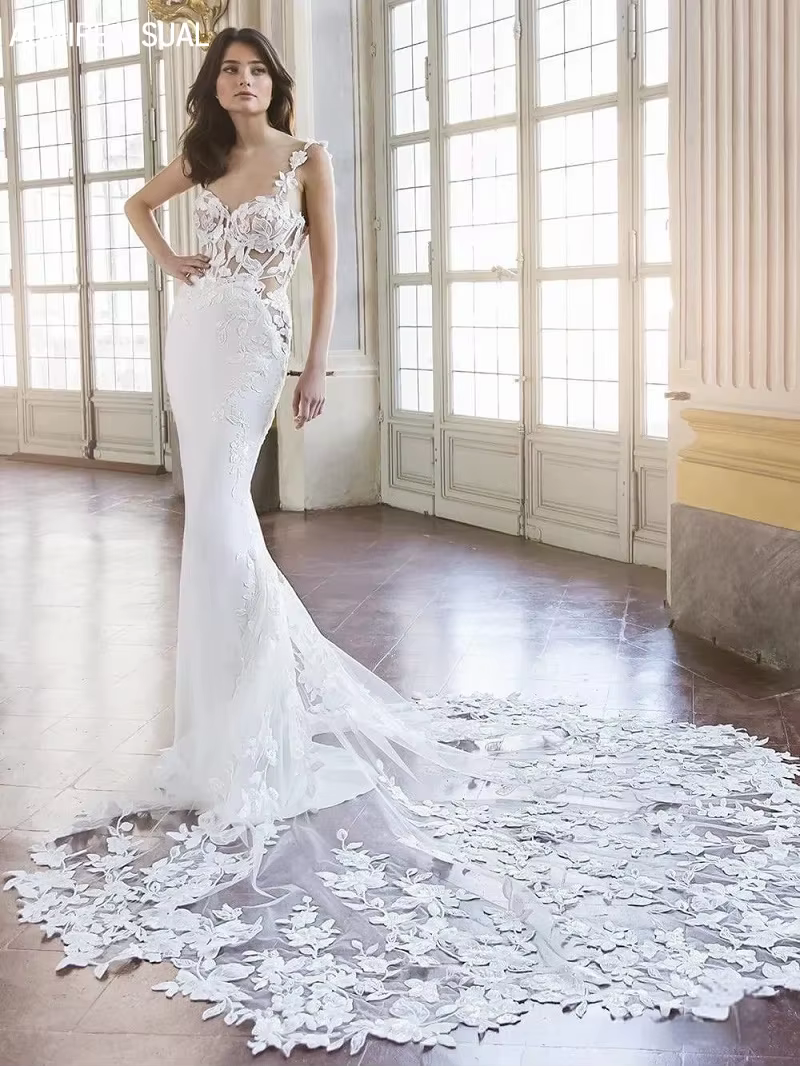 Robe de mariée sirène pour mariée, col en fibre chérie, dos transparent, train de chapelle sur mesur