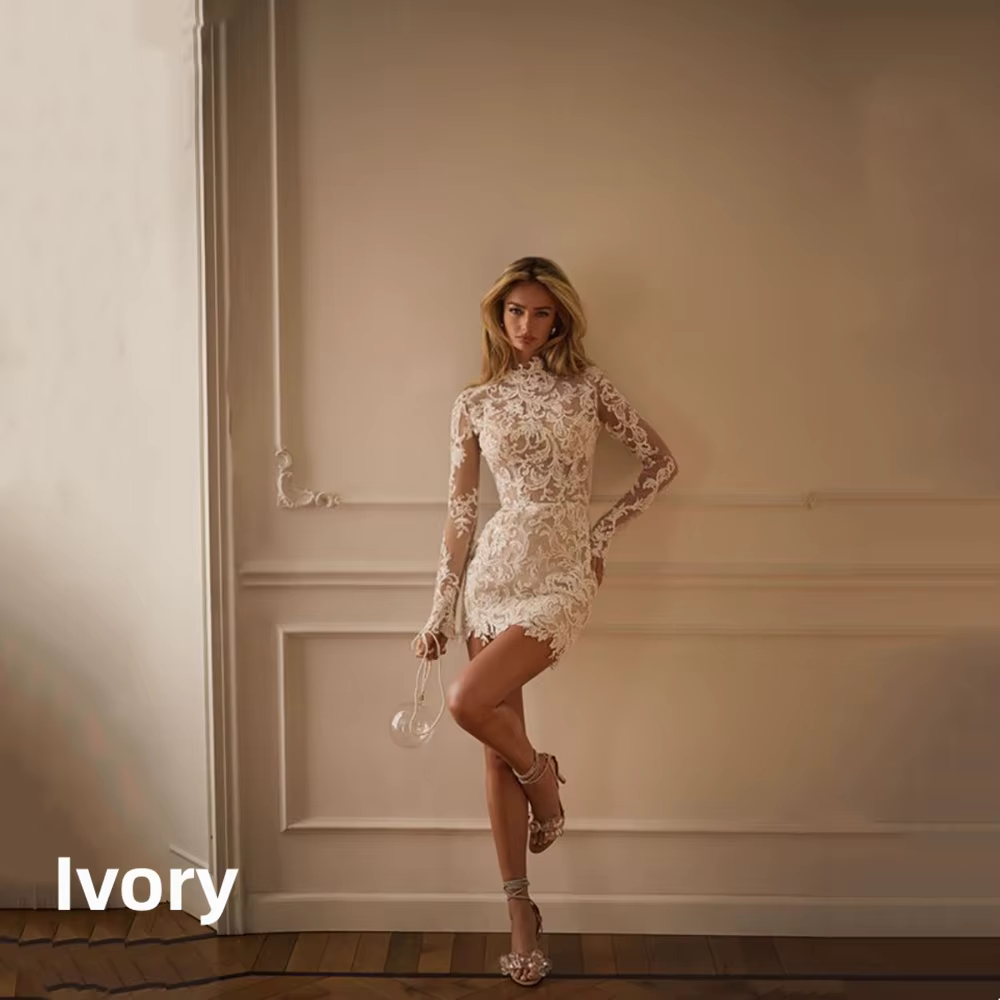 Robe de Mariée Courte Mini Manches Longues Col Haut en Dentelle Brodée, Coupe Moulante avec Corset T