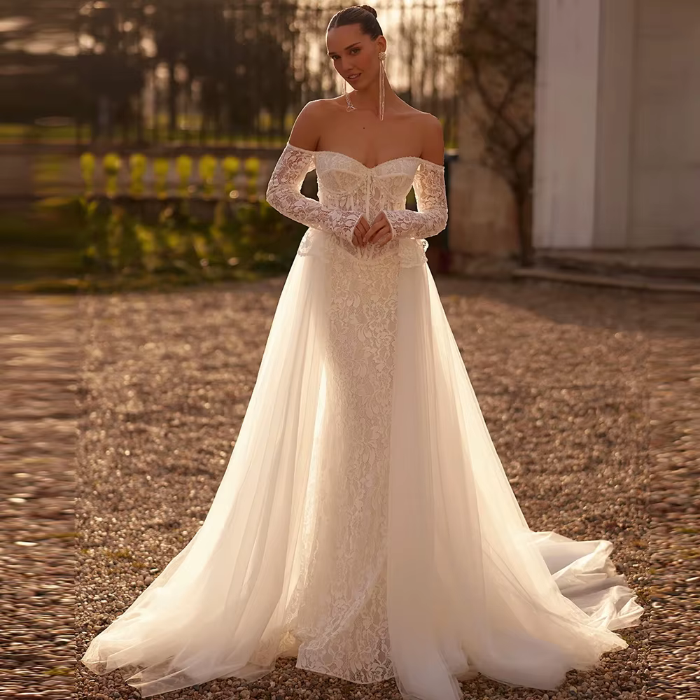 Robe de mariée en dentelle délicate à col bateau, élégante robe de mariée sirène avec appliques, rob