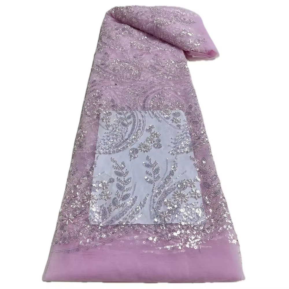 Tissu brodé en dentelle avec motif de fleurs et cuir chevelu, perles et paillettes, filet simple, be