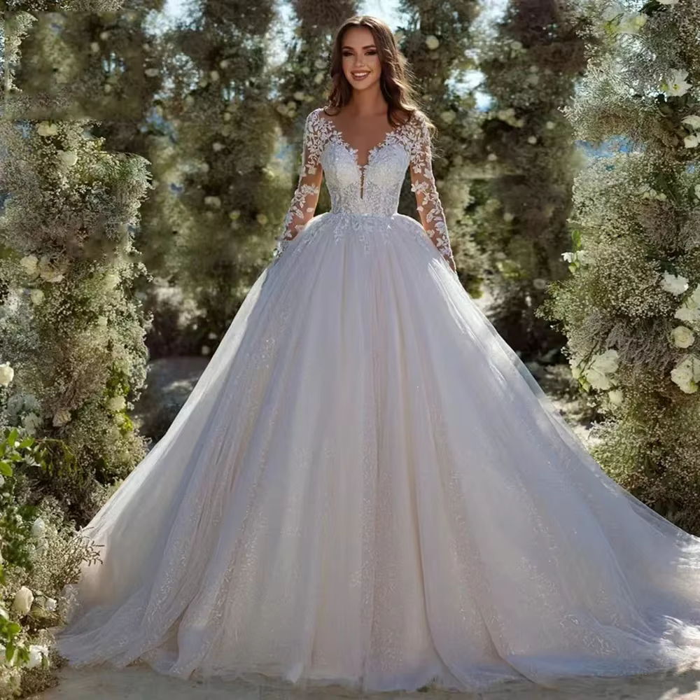 Robes de mariée en tulle pailmétrage moderne pour femmes, manches longues, col en V, robe de mariée 