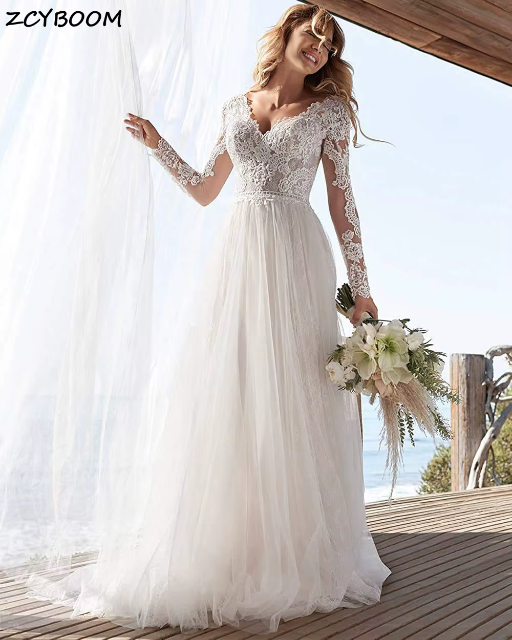 Robes de mariée bohèmes personnalisées 2026, robes de mariée élégantes, illusion, manches longues, d