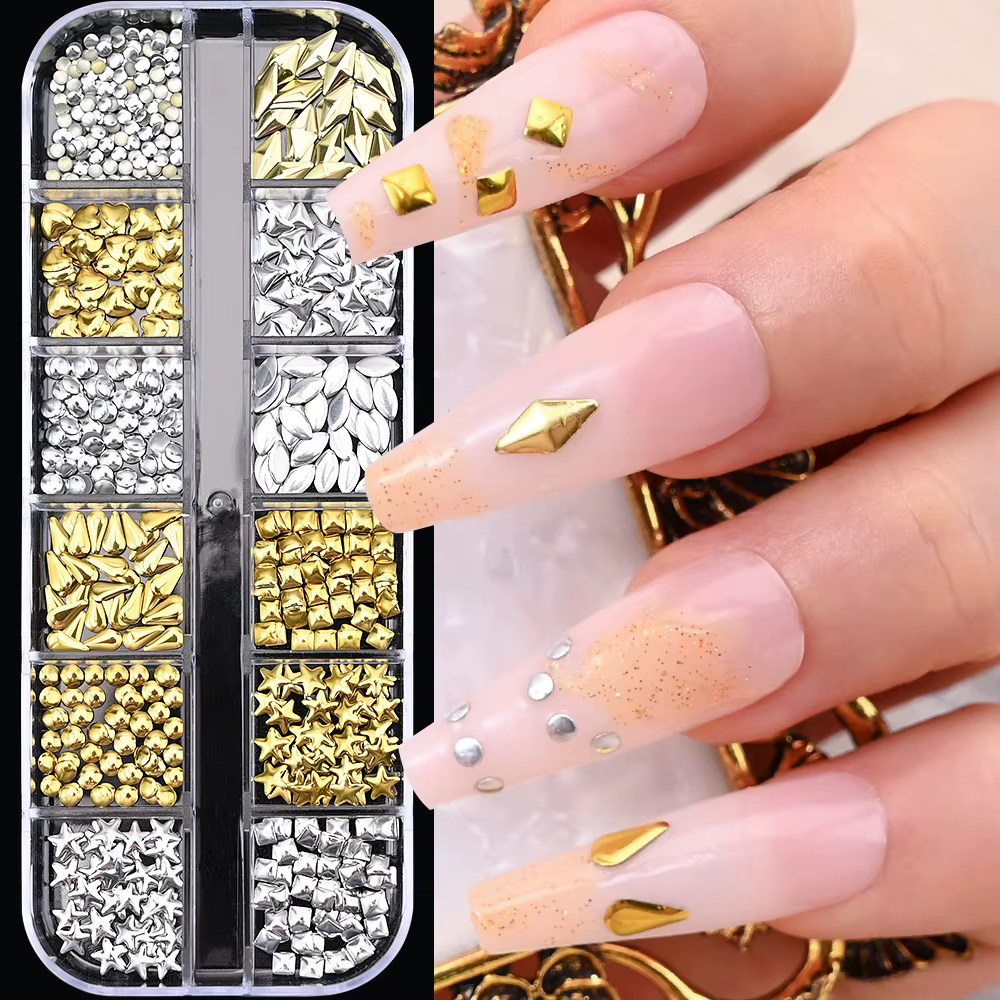 12 grilles argent étoile lune paillettes breloques pour ongles pointes métalliques mixtes tranche Ri