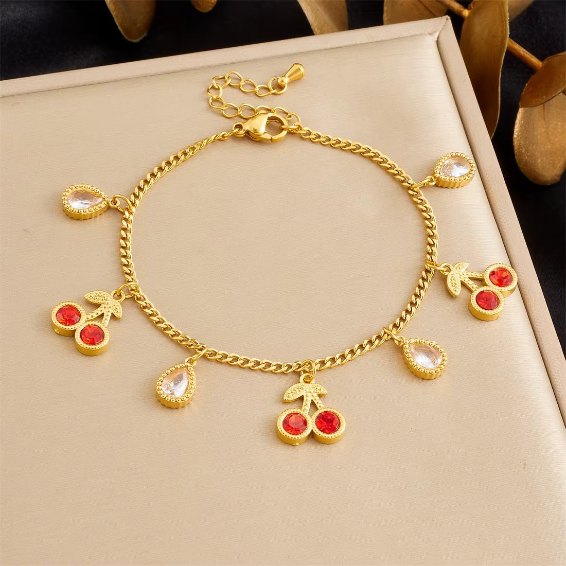 LAMENGLY 316L acier inoxydable rouge Zircon incrusté cerise Briolette bracelet à breloques femmes él
