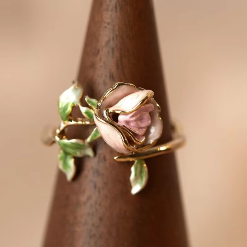 Bagues de fiançailles en émail Rose pour femmes, douces et romantiques, fleur de Rose, rétro, exquis