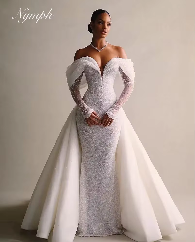 Robe de mariée de luxe personnalisée, détachable, 2 en 1, style train, dentelle, paillettes, col en 