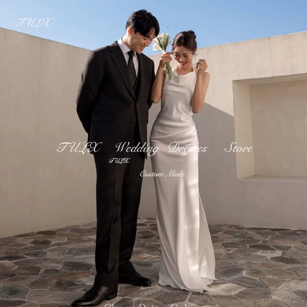 TULX Robe de mariée élégante en satin ivoire dos nu Corée séance photo Halter sans manches sirène lo