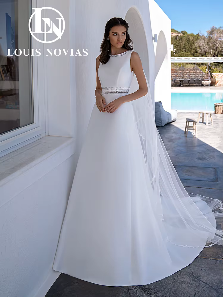 LOUIS NOVIAS Robe De mariée en Satin dos nu sans manches Robe De mariée nœud poches SCOOP Simple a-l