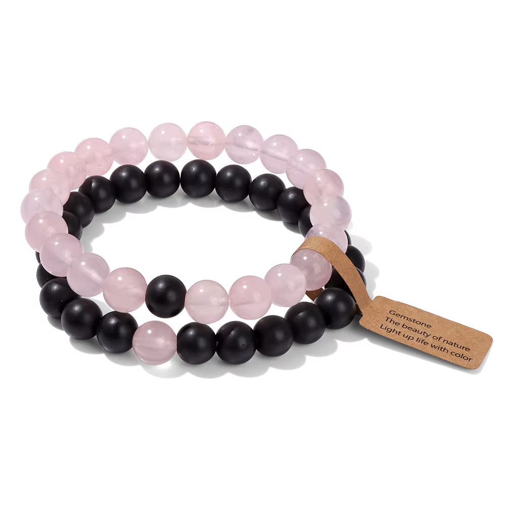 Bracelets de couple en pierre naturelle pour hommes et femmes, quartz rose, onyx noir, rhodonite, zè