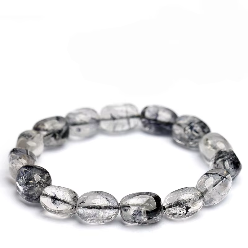 Bracelet en Diamant Herkimer Naturel pour Femme, Quartz Herkimer Noir Éclatant, Jonc Perlé Irrégulie