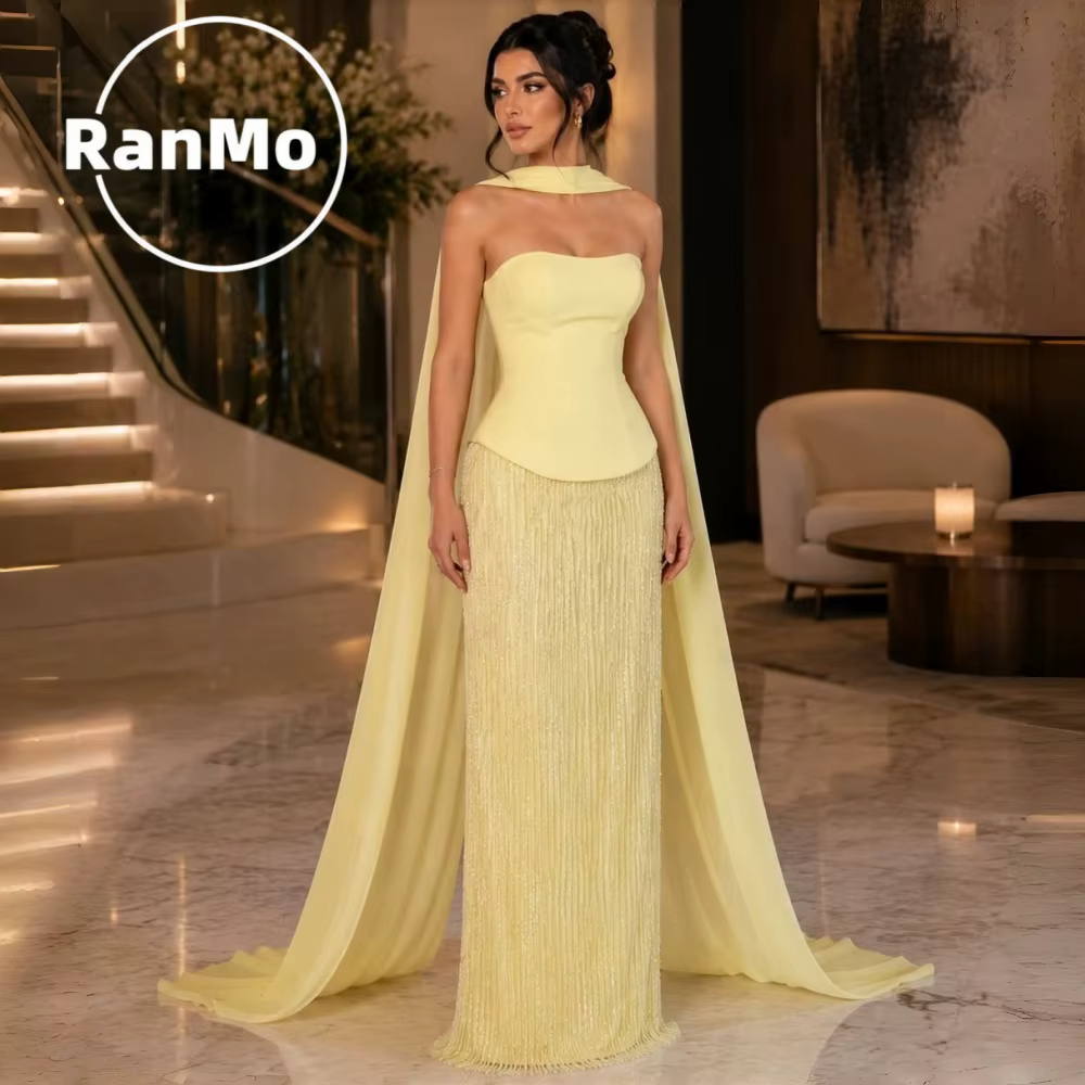 Robe de soirée jaune Ranmo Dubai Arabia, robes de bal de luxe sans bretelles pour femmes, robe de in