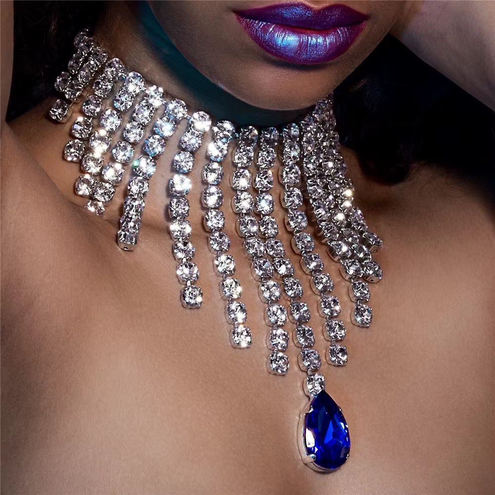 Bijoux de mariée en cristal pour femmes, ras du cou géométrique en strass, chaîne goutte d'eau, acce