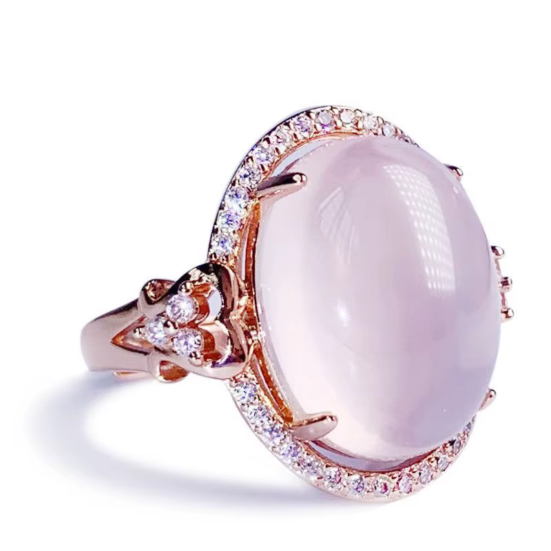 Bague ovale rose calcédoine naturelle, diamant de rêve classique, ouverture réglable, or rose noble,