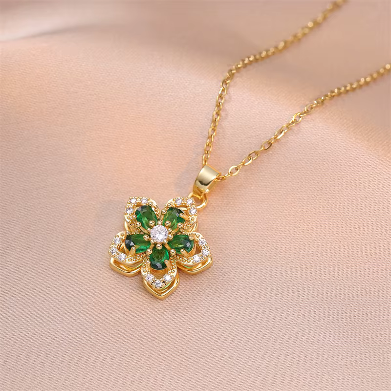 Collier pendentif fleur romantique en Zircon brillant pour femmes, plaqué or, fleurs rotatives, ras-