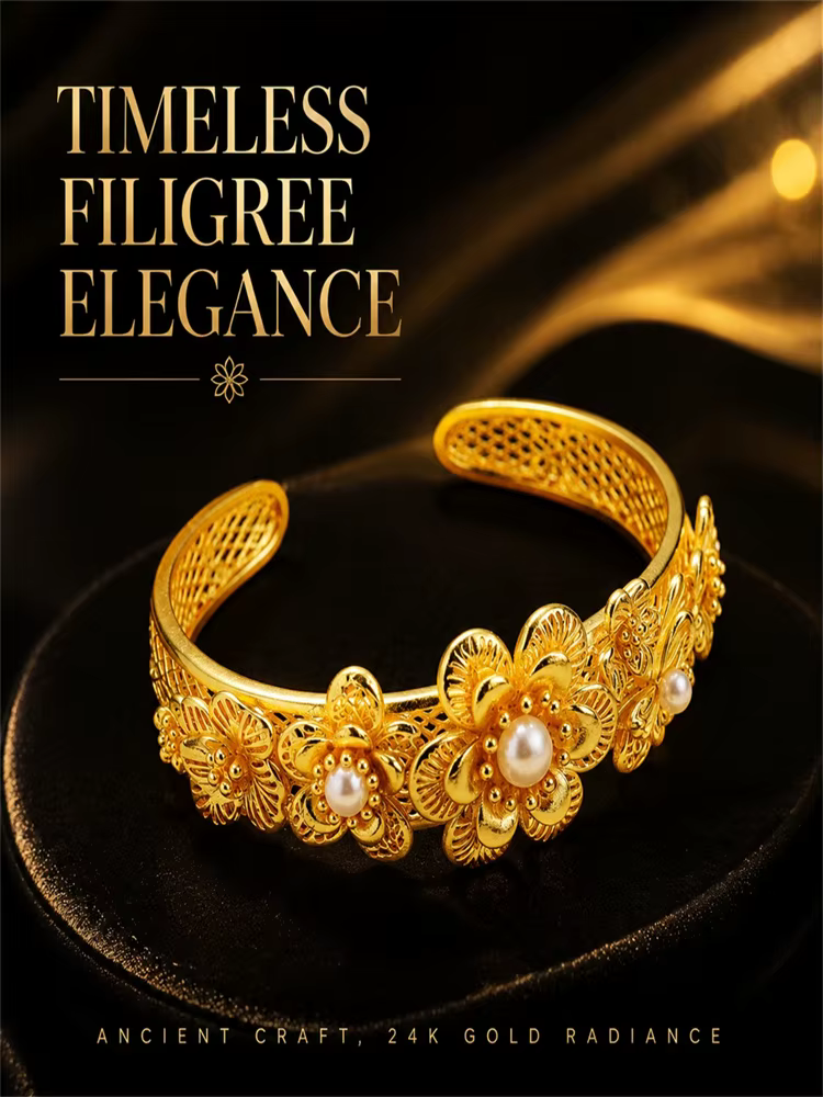 Bracelet manchette large en or massif 24 carats AU999 pour femme, motif floral filigrané, perles, ca