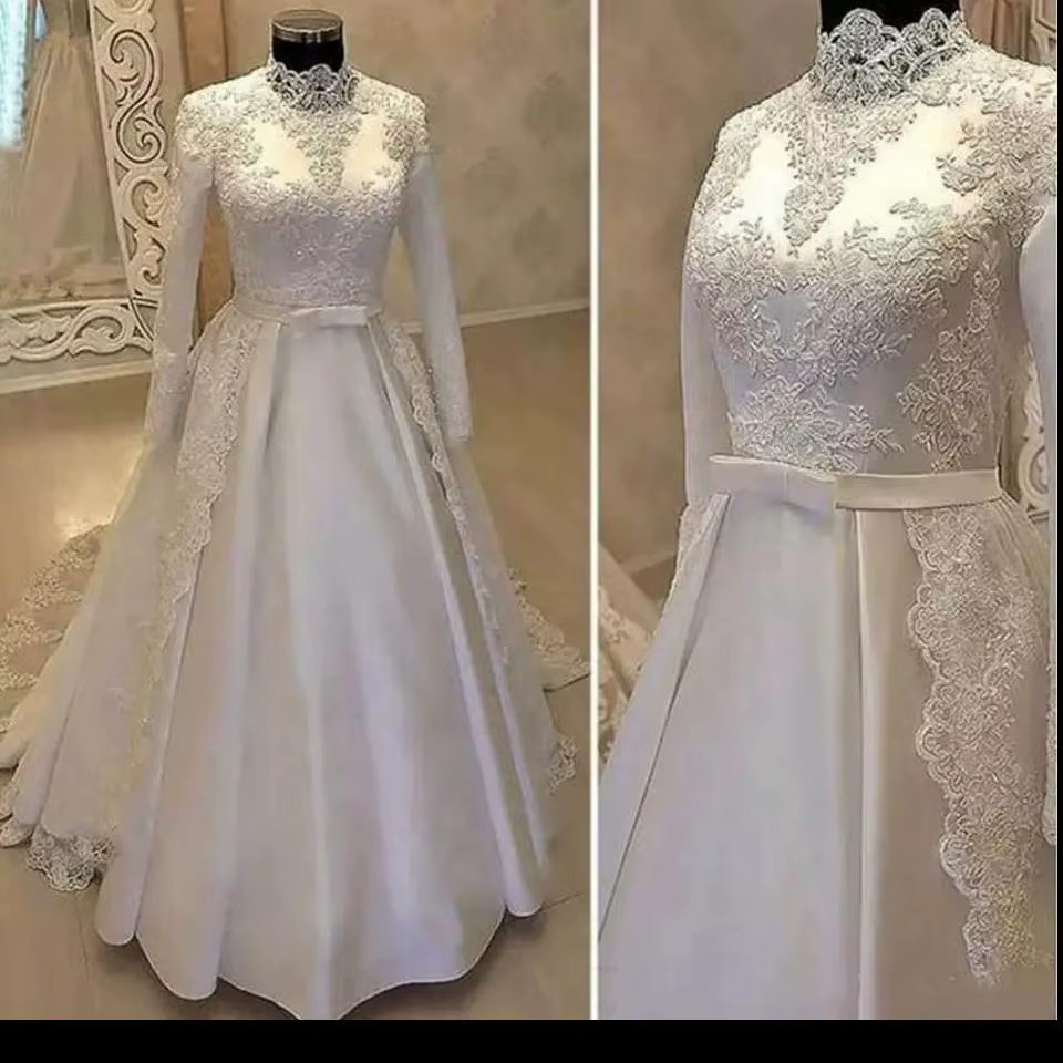 Robe de mariée en Satin et dentelle, Patchwork, coupe Simple et Slim, col rond, grand dos exposé, fi