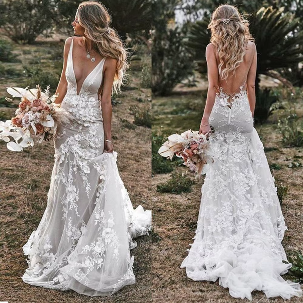 Robe de mariée sirène vintage, robe de mariée à col en V, appliques de fleurs 3D, robe de mariée dos