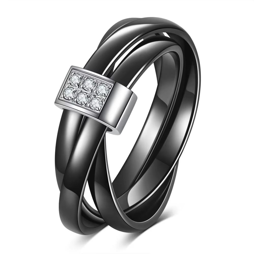 Bague à trois anneaux en céramique noire et blanche sertie de diamants à double rangée de 8MM pour c