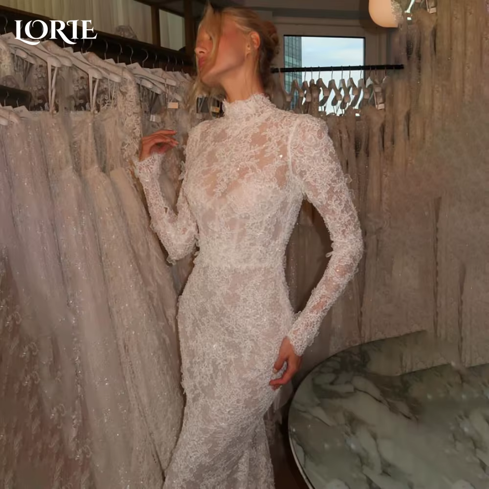 LORIE – robe de mariée sirène en dentelle pour femmes, manches longues, col haut, robe de mariée sir