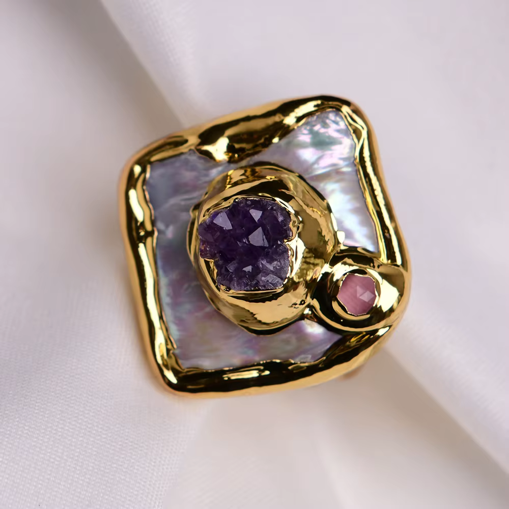 GG – bague Druzy en améthyste violette, perle carrée blanche de culture d'eau douce, réglable