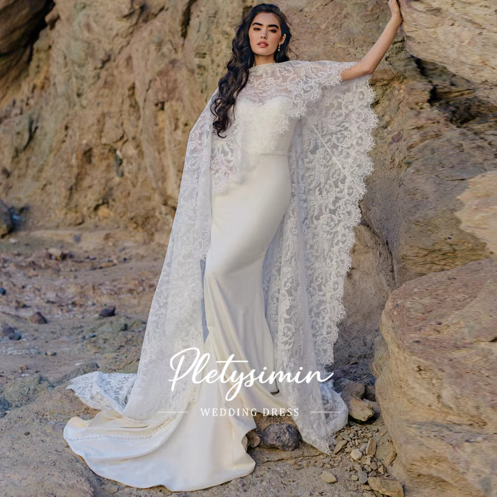 Robes de mariée vintage modestes avec cape en dentelle détachable 2027, col montant, dentelle floral