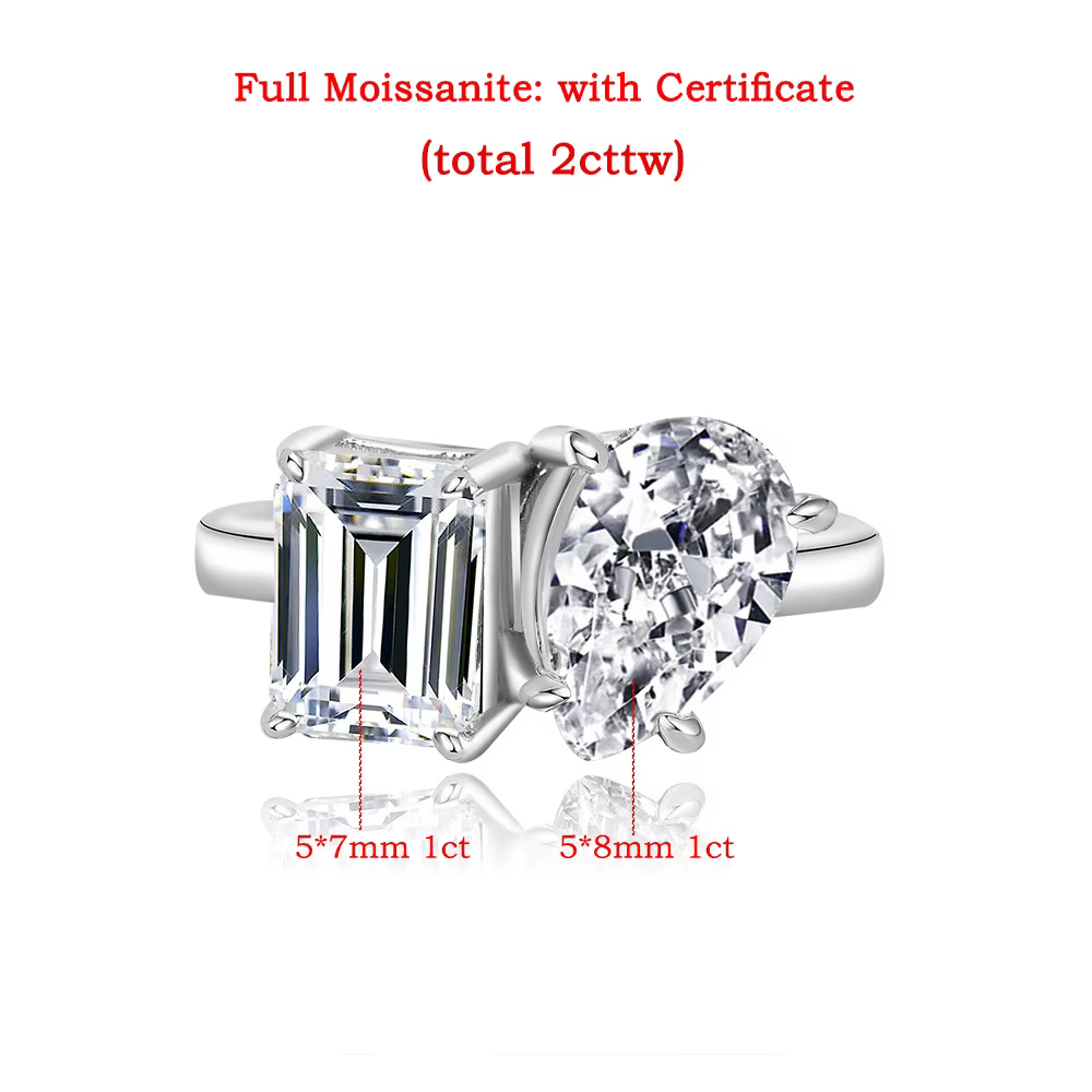 Bague Moissanite taille poire et émeraude 2-5cttw pour femmes, bagues de mariage à deux pierres Toi 