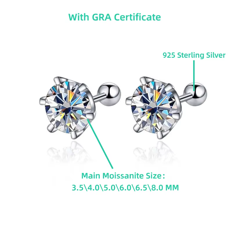 TY 0.3-2CT boucles d'oreilles Moissanite 925 en argent Sterling boucles d'oreilles rondes boucles d'