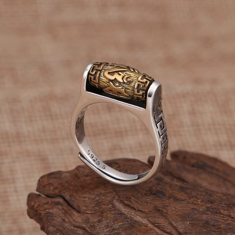 Bague Vintage en argent Sterling 925 pour hommes, perle rotative, écritures bouddhistes, bijoux à la